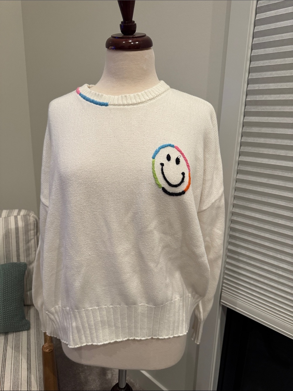Minnie Rose White Crewneck Sweater with Rainbow Smiley